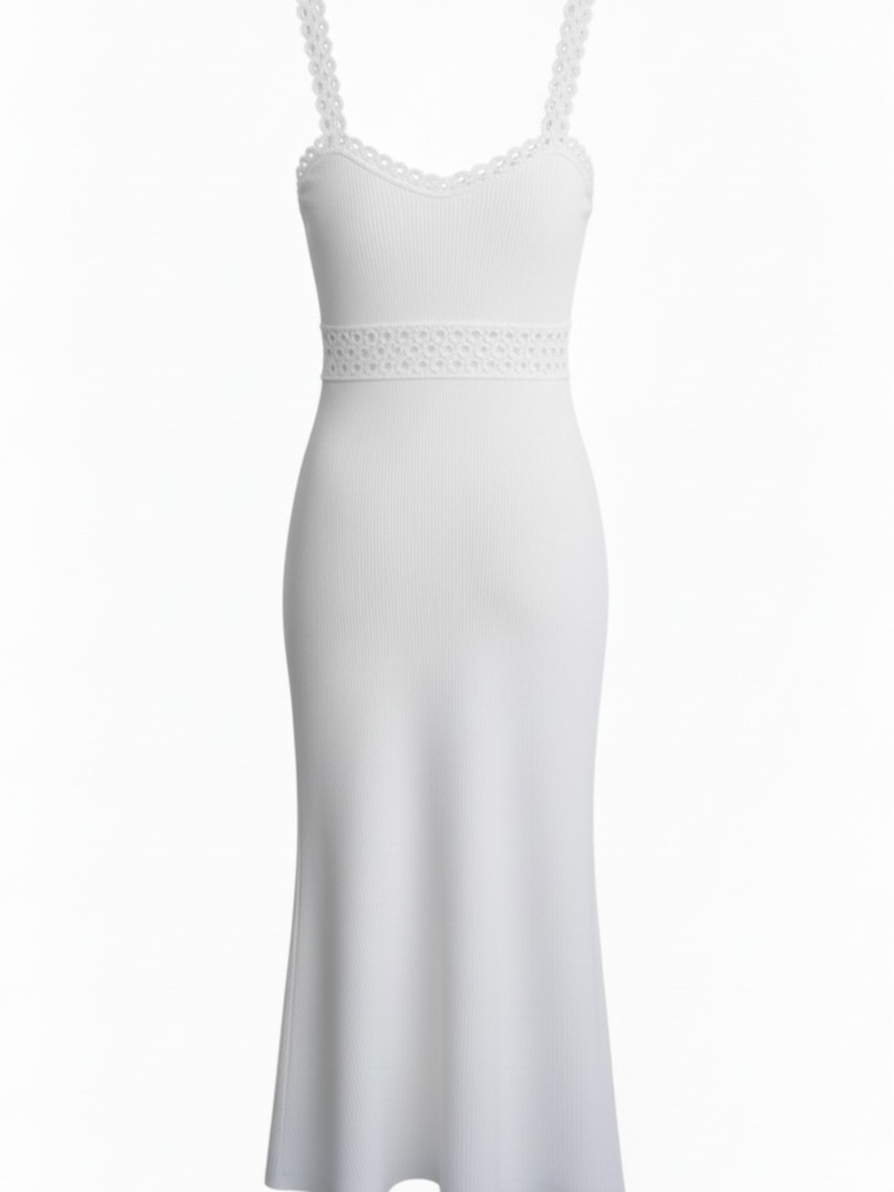 Express White and Black Ribbed Midi Slip Dress with Lace Trim